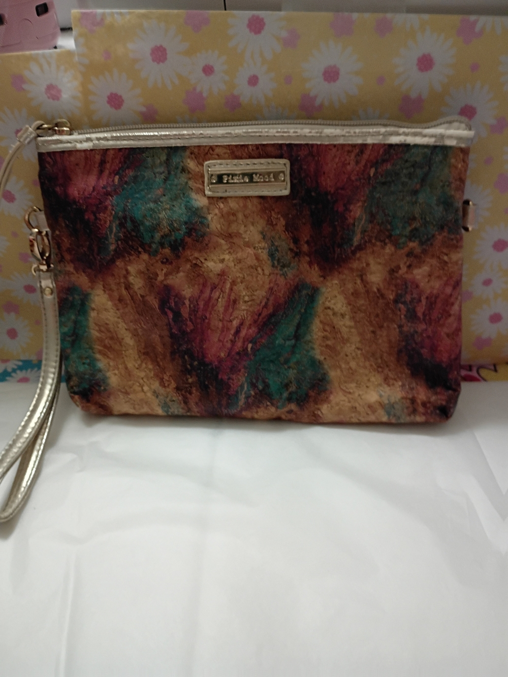 Faux Leather/Cork Multicolor Wristlet Clutch - Gold Trim